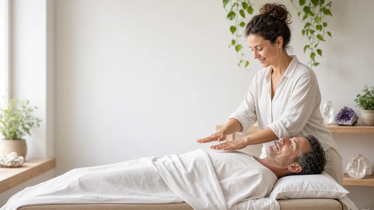 Imagem ilustrativa: terapeuta aplica reiki com as mãos sobre um homem deitado e sorridente, numa sala clara com plantas e cristais